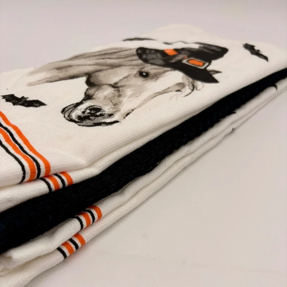 Deborah Connolly Designs Halloween Horse Witch Hat Kitchen Towel Set 2pk White